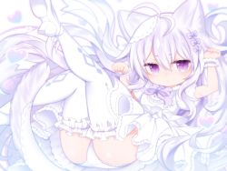 Rule 34 | 1girl, ahoge, animal ears, ass, blush, cat ears, cat girl, cat tail, closed mouth, commentary, dress, frilled dress, frilled thighhighs, frills, hair between eyes, heart, high heels, highres, legs up, looking at viewer, mofuaki, original, panties, pleated dress, puffy short sleeves, puffy sleeves, purple eyes, shiro (mofuaki), shoe soles, shoes, short sleeves, silver hair, solo, tail, tail raised, thighhighs, underwear, white background, white dress, white footwear, white panties, white theme, white thighhighs, wrist cuffs