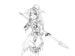 Rule 34 | 1girl, blood, camel (dansen), clenched teeth, female focus, injury, monochrome, one breast out, one eye closed, original, polearm, ponytail, ryuhime (camel), solo, spear, teeth, torn clothes, weapon