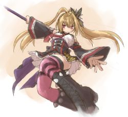 Rule 34 | 1girl, blonde hair, breasts, butterfly hair ornament, character request, corset, detached sleeves, emil chronicle online, garter straps, gradient background, hair ornament, high ponytail, kasuga yukihito, long hair, necktie, red eyes, skirt, solo, split ponytail, tarantula alma, thighhighs
