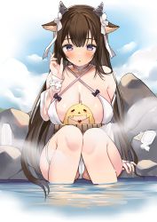 Rule 34 | 1girl, :o, animal ears, azur lane, bikini, blue sky, blush, breasts, brown hair, cleavage, cloud, cow ears, cow horns, day, detached sleeves, hair ribbon, hand up, horns, kashino (hot springs relaxation) (azur lane), kashino (azur lane), large breasts, long hair, looking at another, manjuu (azur lane), onsen, outdoors, partially submerged, purple eyes, ribbon, ry thae, sky, solo, swimsuit, white bikini, white ribbon