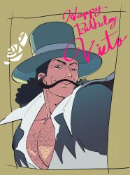 Rule 34 | 1boy, black hair, collared shirt, commentary request, facial hair, green background, happy birthday, hat, highres, long hair, male focus, mustache, ohthekin, one eye closed, one piece, shirt, simple background, smile, solo, upper body, vista (one piece)