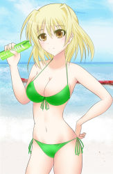 Rule 34 | 00s, 1girl, beach, bikini, blonde hair, blush, breasts, chelsea masa, cleavage, day, front-tie top, hand on own hip, holding, large breasts, lyrical nanoha, mahou shoujo lyrical nanoha, mahou shoujo lyrical nanoha a&#039;s, mahou shoujo lyrical nanoha strikers, navel, shamal, side-tie bikini bottom, solo, swimsuit, yellow eyes