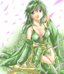 Rule 34 | 1990s (style), 1girl, breasts, cleavage, female focus, final fantasy, final fantasy iv, green hair, nature, aged up, outdoors, panties, petals, purple eyes, rydia (ff4), smile, solo, thighhighs, underwear, yamada (fanfantaisa)