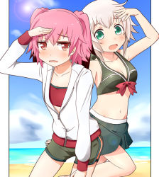 Rule 34 | 10s, 2girls, adapted costume, alternate costume, blonde hair, breasts, cleavage, colored tips, day, green eyes, gudon (iukhzl), hand on own thigh, jacket, kantai collection, kunashiri (kancolle), multicolored hair, multiple girls, open mouth, outdoors, outside border, pink hair, shimushu (kancolle), short hair, short shorts, shorts, smile, strapless, swimsuit, tube top, two side up