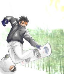 Rule 34 | 2boys, black hair, friends, goggles, itto (mentaiko), multiple boys, smile, smirk, snow, snowboard, playing sports