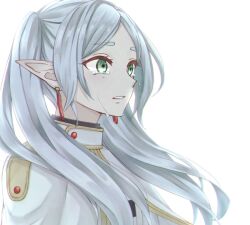 Rule 34 | 1girl, capelet, commentary request, crying, crying with eyes open, dangle earrings, earrings, elf, frieren, green eyes, grey hair, jewelry, long hair, mototo, parted bangs, parted lips, pointy ears, simple background, solo, sousou no frieren, tears, twintails, white background, white capelet