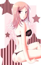 Rule 34 | 00s, 1girl, ass, bad id, bad pixiv id, bare shoulders, breasts, charlotte (pandora hearts), highres, large breasts, lingerie, looking back, miki souya, mikisouya, pandora hearts, pink hair, red eyes, sitting, solo, star (symbol), underwear