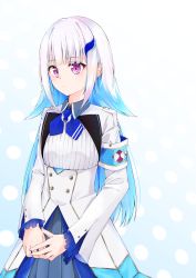 Rule 34 | 1girl, :/, absurdres, armband, blue hair, blue neckwear, blue skirt, blunt bangs, blush, closed mouth, collared shirt, commentary request, fingernails, hair ornament, highres, hijouguti, jacket, lize helesta, lize helesta (1st costume), long hair, long sleeves, looking away, multicolored hair, nijisanji, own hands together, pleated skirt, purple eyes, ribbed shirt, safety pin, shirt, sidelocks, silver hair, skirt, sleeves past wrists, solo, two-tone hair, very long hair, virtual youtuber, white jacket, white shirt