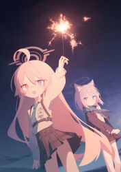 Rule 34 | 2girls, :d, absurdres, ahoge, animal ear fluff, animal ears, arm up, black coat, black skirt, blue archive, blue eyes, blue halo, blue necktie, blue scarf, chest harness, coat, collared shirt, commentary, cowboy shot, cross hair ornament, doribae, fang, fireworks, grey hair, hair between eyes, hair ornament, halo, harness, heterochromia, highres, holding fireworks, hoshino (blue archive), huge ahoge, id card, lapels, light smile, long hair, long sleeves, looking at another, looking at viewer, multiple girls, necktie, night, night sky, open mouth, outdoors, pink hair, pink halo, plaid, plaid skirt, pleated skirt, puffy long sleeves, puffy sleeves, scarf, school uniform, shiroko (blue archive), shirt, shirt tucked in, short hair, skirt, sky, smile, standing, symbol-only commentary, very long hair, white shirt, wolf ears, wolf girl, yellow eyes