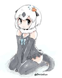 Rule 34 | 1girl, animal ears, bare shoulders, black gloves, black hair, black one-piece swimsuit, black thighhighs, blush stickers, californian sea otter (kemono friends), commentary, detached sleeves, elbow gloves, frilled swimsuit, frills, full body, fur collar, gloves, grey eyes, hair ornament, kemono friends, looking at viewer, multicolored hair, one-piece swimsuit, otter ears, otter tail, panzuban, shell hair ornament, short hair, sitting, smile, solo, swimsuit, tail, thighhighs, toeless legwear, twitter username, v arms, wariza, white hair, zettai ryouiki