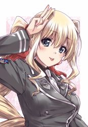 Rule 34 | 1girl, :p, black shirt, blonde hair, blue eyes, buttons, closed mouth, commentary request, double-breasted, dress shirt, emblem, grey jacket, hair intakes, hair ribbon, highres, ilfriede von feulner, insignia, jacket, kuroi mimei, long hair, looking at viewer, military, military uniform, muv-luv, muv-luv alternative, necktie, ponytail, red ribbon, ribbon, salute, shirt, smile, solo, tongue, tongue out, two-finger salute, uniform, upper body, white necktie, wing collar