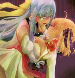 Rule 34 | 2girls, ahoge, anisphia wynn palettia, arm around waist, bare shoulders, black ribbon, blonde hair, blood, blood on clothes, chinese commentary, closed mouth, commentary request, crying, crying with eyes open, dress, euphyllia magenta, grey hair, hair ribbon, hand on another&#039;s neck, highres, injury, jacket, long hair, looking at another, medium hair, multiple girls, off-shoulder dress, off shoulder, open mouth, purple background, purple eyes, qqwan120, red eyes, ribbon, shouting, tears, tensei oujo to tensai reijou no mahou kakumei, white dress, white jacket, yellow ribbon