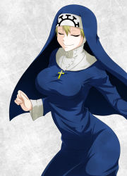 Rule 34 | 1girl, blonde hair, breasts, closed eyes, cross, cross necklace, double (skullgirls), habit, jewelry, kunomata gou, large breasts, necklace, nun, short hair, skullgirls, smile, solo, taut clothes, traditional nun