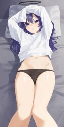 Rule 34 | 1girl, absurdres, bare legs, black panties, blue archive, blush, feet out of frame, halo, highres, looking at viewer, lying, mm (mhm2592), navel, no pants, on back, panties, purple eyes, purple hair, shirt, sleeves tied together, solo, stomach, underwear, white shirt, yuuka (blue archive)