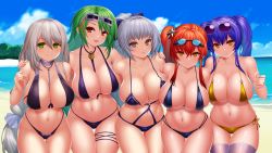 Rule 34 | 5girls, :d, :q, absurdres, anchor necklace, aquila (azur lane), aquila (a sip of sardegnian elegance) (azur lane), asamura hiori, aviator sunglasses, azur lane, bare shoulders, beach, between breasts, bikini, black bikini, blue sky, blush, bow, braid, breasts, choker, cleavage, closed mouth, cloud, collarbone, commentary request, cowboy shot, day, eyewear on head, facial hair, goggles, goggles on head, green eyes, green hair, grey-framed eyewear, grey eyes, grin, groin, group picture, hair between eyes, hair bow, hair ornament, hand up, highleg, highleg bikini, highres, huge filesize, jewelry, large breasts, littorio (azur lane), littorio (the glory of naples) (azur lane), long hair, looking at viewer, low-tied long hair, multicolored hair, multiple girls, multiple straps, navel, necklace, neckwear between breasts, o-ring, o-ring bikini, ocean, official alternate costume, open mouth, outdoors, pola (azur lane), pola (seaside coincidence) (azur lane), purple bikini, purple bow, purple hair, red eyes, red hair, side-by-side, side-tie bikini bottom, side ponytail, sidelocks, silver hair, single braid, skindentation, sky, smile, standing, stomach, streaked hair, sunglasses, swimsuit, teeth, thigh strap, thighhighs, tongue, tongue out, twintails, very long hair, vittorio veneto (azur lane), vittorio veneto (the flower of la spezia) (azur lane), wet legwear, white choker, white legwear, yellow bikini, zara (azur lane), zara (poolside coincidence) (azur lane)