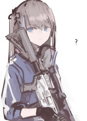 Rule 34 | 1girl, ?, ar-15, blue eyes, closed mouth, commentary request, expressionless, girls&#039; frontline, gloves, gun, hair between eyes, hair ornament, highres, holding, holding gun, holding weapon, long hair, long sleeves, looking at viewer, multicolored hair, rampart1028, rifle, sidelocks, simple background, solo, st ar-15 (girls&#039; frontline), streaked hair, upper body, weapon, white background