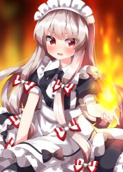Rule 34 | 1girl, alternate costume, apron, black bow, black dress, black ribbon, blush, bow, buttons, dress, enmaided, fire, frilled apron, frilled dress, frills, fujiwara no mokou, hair between eyes, hair bow, highres, long hair, maid, maid apron, maid headdress, open mouth, puffy short sleeves, puffy sleeves, red eyes, ribbon, ruu (tksymkw), short sleeves, sidelocks, solo, touhou, white apron, white bow, white hair