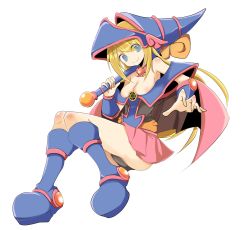 Rule 34 | 1girl, bare shoulders, blonde hair, blue eyes, blue footwear, boots, breasts, cleavage, dark magician girl, duel monster, full body, hat, highres, long hair, mukuroi, pentacle, smile, solo, wand, white background, yu-gi-oh!, yuu-gi-ou, yu-gi-oh! duel monsters