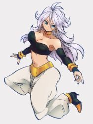Rule 34 | 1girl, android 21, bare shoulders, black nails, black tube top, blue eyes, bracelet, breasts, cleavage, cosplay, detached sleeves, dragon ball, dragon ball fighterz, earrings, harem pants, hoop earrings, jewelry, jumping, kemachiku, large breasts, light persona, long hair, looking at viewer, majin android 21, majin android 21 (cosplay), nail polish, pants, solo, stomach, strapless, tube top, tube top, white hair, white pants