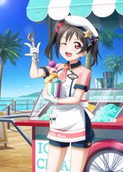 Rule 34 | 1girl, \m/, apron, artist request, beret, bird, black hair, blue sky, blush, bow, day, food, gloves, hair bow, hat, holding, ice cream, ice cream scoop, looking at viewer, love live!, love live! school idol festival, love live! school idol project, necktie, ocean, official art, one eye closed, outdoors, palm tree, pink necktie, red eyes, short sleeves, shorts, sky, solo, star (symbol), tie clip, tree, twintails, uniform, v-shaped eyebrows, yazawa nico