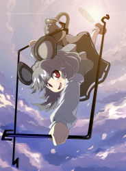 Rule 34 | 1girl, animal ears, basket, female focus, full body, grey hair, highres, jewelry, mouse (animal), mouse ears, mouse tail, nazrin, outdoors, pendant, red eyes, shape, short hair, sky, solo, syope, tail, touhou