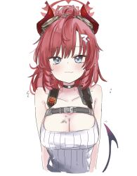 Rule 34 | 1girl, black choker, blue archive, blue eyes, blush, breasts, choker, cleavage, closed mouth, cropped torso, demon horns, demon tail, flying sweatdrops, goggles, goggles on head, hair ornament, hairclip, halo, highres, horns, large breasts, long hair, looking at viewer, megu (blue archive), red hair, red horns, simple background, solo, tail, tank top, touhou90275, upper body, white background, white tank top