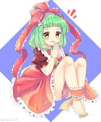 Rule 34 | 1girl, :d, barefoot, blush, bow, brown dress, commentary request, dress, feet, frills, front ponytail, full body, green eyes, green hair, green nails, hair bow, kagiyama hina, knees up, looking at viewer, nail polish, open mouth, own hands together, ramudia (lamyun), red bow, short bangs, simple background, sitting, smile, solo, toes, touhou, white background