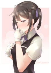 Rule 34 | 1girl, alternate hairstyle, bad id, bad pixiv id, black hair, blush, breasts, brown eyes, collared shirt, commentary request, covering own mouth, dress shirt, eyelashes, from side, furrowed brow, gloves, hair ornament, hair ribbon, juurouta, kantai collection, kuroshio (kancolle), looking at viewer, medium breasts, neck ribbon, ribbon, shirt, short hair, short sleeves, side ponytail, sideways glance, solo, twitter username, upper body, white gloves, white shirt, wing collar