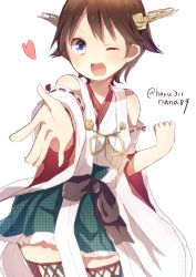 Rule 34 | &gt;;d, 10s, 1girl, ;d, blue eyes, brown hair, hairband, harusawa, heart, hiei (kancolle), kantai collection, nontraditional miko, one eye closed, open mouth, ribbon-trimmed sleeves, ribbon trim, short hair, skirt, smile, twitter username, v-shaped eyebrows