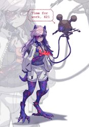 Rule 34 | 1girl, 621 (armored core 6), armored core, armored core 6, bags under eyes, black hair, drawstring, english text, expressionless, extremely-nervess, frown, glowing, glowing hand, grey tank top, hand in pocket, highres, horns, jacket, jacket on shoulders, light purple hair, long hair, long sleeves, looking at hand, mechanical arms, mechanical horns, mechanical legs, mechanical tail, monster girl, one eye covered, open clothes, open jacket, purple eyes, red eyes, robot, shorts, simple background, single mechanical arm, standing, tail, tank top, white background, white jacket, white shorts, wire, zoom layer