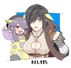 Rule 34 | 2girls, black hair, black headwear, blush, braid, brass knuckles, breasts, child, cleavage, cleavage cutout, clenched hand, clothing cutout, creatures (company), fang, fingerless gloves, game freak, gen 1 pokemon, gloves, grey gloves, hair over one eye, hand up, hat, jewelry, kangaskhan, long hair, long sleeves, looking at viewer, medium breasts, multiple girls, necklace, nintendo, overalls, personification, pokedex number, pokemon, purple hair, red eyes, shioya (soooooolt), simple background, smile, upper body, very long hair, weapon