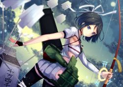 Rule 34 | 10s, 1girl, alternate hair length, alternate hairstyle, black hair, blue eyes, blurry, bow (weapon), depth of field, elbow gloves, gloves, hair ribbon, highres, japanese clothes, kantai collection, katsuragi (kancolle), konkito, looking at viewer, outdoors, ribbon, short hair, skirt, smile, solo, thighhighs, weapon, zettai ryouiki
