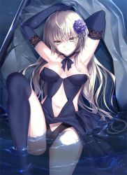 Rule 34 | 1girl, black gloves, black thighhighs, blonde hair, breasts, choker, elbow gloves, fate/grand order, fate (series), flower, gloves, hair flower, hair ornament, hlz, jeanne d&#039;arc (fate), jeanne d&#039;arc alter (avenger) (fate), jeanne d&#039;arc alter (fate), large breasts, long hair, looking at viewer, navel, nipple slip, nipples, official alternate costume, panties, partially submerged, ribbon choker, solo, thighhighs, underwear, yellow eyes