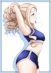 Rule 34 | 1girl, adjusting hair, armpits, ass, blonde hair, breasts, breath, drill hair, girls und panzer, green eyes, marie (girls und panzer), medium breasts, midriff, mouth hold, ponytail, profile, rebake, short hair, solo, sportswear, sweat, white background