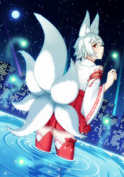Rule 34 | 1girl, animal ear fluff, animal ears, city, detached sleeves, fox ears, fox tail, highres, japanese clothes, miko, moon, multiple tails, night, night sky, nontraditional miko, phantasy star, phantasy star online 2, red eyes, red skirt, red thighhighs, ripples, searchlight, short hair, skirt, sky, solo, star (sky), starry sky, tail, tamoo-kurichala, thighhighs, wading, water, white hair, wide sleeves