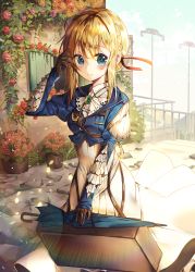 Rule 34 | 10s, 1girl, absurdres, bad id, bad pixiv id, blonde hair, blue eyes, blush, braid, breasts, brown gloves, closed mouth, flower, gloves, hair ribbon, highres, long sleeves, looking at viewer, medium breasts, mo:oku, outdoors, railing, red ribbon, ribbon, short hair, solo, suitcase, umbrella, violet evergarden, violet evergarden (series)