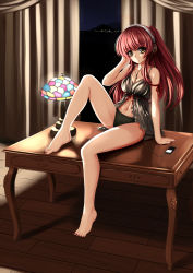 Rule 34 | 1girl, arm ribbon, babydoll, bare legs, barefoot, black panties, breasts, brown eyes, cable, cleavage, curtains, digital media player, feet, feet on table, headphones, highres, indoors, kousaka tamaki, lace, lace-trimmed panties, lace trim, lamp, large breasts, legs, long hair, looking at viewer, misaki kurehito, nail polish, navel, panties, parted lips, red hair, red nails, ribbon, room, sitting, solo, table, thighs, to heart, to heart (series), to heart 2, toenail polish, toenails, toes, twintails, underwear, wooden floor, yumemi (kiowa)