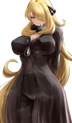 Rule 34 | 1girl, absurdres, arms behind back, black coat, black pants, black shirt, blonde hair, blush, breasts, breath, cleavage, closed mouth, coat, creatures (company), cynthia (pokemon), fur collar, game freak, grey eyes, hair ornament, hair over one eye, highres, large breasts, lips, long hair, long sleeves, muppy (muppy0163), nintendo, pants, pokemon, pokemon dppt, raised eyebrows, shirt, simple background, solo, steaming body, sweat, taut clothes, very long hair, white background