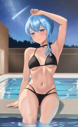 Rule 34 | 1girl, absurdres, arm up, armpits, bikini, black bikini, black choker, blue eyes, blue hair, blush, breasts, choker, closed mouth, diptip, highres, hololive, hoshimachi suisei, looking at viewer, navel, night, night sky, outdoors, pool, poolside, shooting star, sitting, sky, small breasts, soaking feet, solo, star (sky), star (symbol), star choker, star in eye, starry sky, stomach, swimsuit, symbol in eye, thighs, virtual youtuber, water, wet