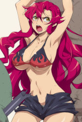 Rule 34 | 00s, 1girl, aged up, alternate hairstyle, angry, armpits, arms up, bikini, bikini top only, bra, breasts, hairu, large breasts, lingerie, long hair, open fly, open mouth, red hair, short shorts, shorts, solo, strap gap, swimsuit, tengen toppa gurren lagann, torn bikini, torn clothes, underboob, underwear, unzipped, yellow eyes, yoko littner