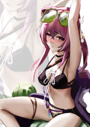 Rule 34 | 1girl, absurdres, animal ears, arknights, armpits, arms up, bikini, black bikini, blush, breasts, cleavage, closed mouth, eyewear on head, food, fruit, green-tinted eyewear, highres, jacket, unworn jacket, krirk, lin (arknights), long hair, looking at viewer, medium breasts, mouse ears, multiple views, navel, nose blush, official alternate costume, parted lips, purple eyes, purple hair, purple jacket, ribbon, sitting, stomach, sunglasses, swimsuit, thigh strap, tinted eyewear, watermelon, white background, white ribbon, yellow-tinted eyewear, zoom layer