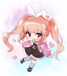 Rule 34 | 1girl, animal ears, bow, chibi, denonbu, fummy, hair bow, hair ornament, heart, jacket, long hair, long sleeves, looking at viewer, open mouth, orange hair, pink eyes, rabbit ears, sakurano mimito, shirt, skirt, smile, solo, standing, twintails