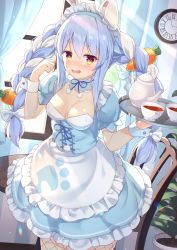 Rule 34 | 1girl, alternate costume, animal ears, apron, bow, bowtie, braid, breasts, carrot hair ornament, carrying, choker, cleavage, clock, commentary request, cup, curtains, enmaided, food-themed hair ornament, frilled choker, frills, hair between eyes, hair ornament, highres, hololive, lens flare, long hair, looking at viewer, low twintails, maid, maid apron, maid headdress, orange eyes, puffy short sleeves, puffy sleeves, rabbit ears, shinko gunsei, short sleeves, sidelocks, silver hair, solo, sunlight, tea, teacup, teapot, tray, twin braids, twintails, usada pekora, virtual youtuber, wall clock, window, wrist cuffs