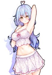 Rule 34 | 1girl, ahoge, armpits, blue hair, blush, breasts, camisole, cleavage, frilled camisole, frills, hair between eyes, hair ornament, heart, heart ahoge, highres, hololive, large breasts, long hair, looking at viewer, ma draws, multicolored hair, navel, official alternate costume, open mouth, pointy ears, polka dot, polka dot camisole, polka dot skirt, skirt, sleepwear, solo, streaked hair, virtual youtuber, white camisole, yellow eyes, yukihana lamy, yukihana lamy (loungewear)