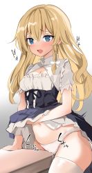 Rule 34 | 1girl, blonde hair, blue eyes, blush, braid, breasts, cleavage, collarbone, commentary request, crotch rub, cum, eyelashes, female masturbation, furrowed brow, gradient background, hair ribbon, highres, kamukamu (ars), kirisame marisa, long hair, masturbation, navel, no headwear, nose blush, open mouth, pussy juice, pussy juice drip through clothes, ribbon, short sleeves, simple background, single braid, small breasts, solo, standing, stomach, sweatdrop, table, table humping, thighhighs, thighs, tongue, touhou, tress ribbon, white background, white ribbon, white thighhighs, wooden table