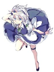 Rule 34 | 1girl, apron, arm up, between fingers, black footwear, blue dress, blue eyes, bow, braid, breasts, commentary request, dress, full body, green bow, green ribbon, hair between eyes, hair bow, highres, holding, holding knife, holding weapon, izayoi sakuya, knife, knives between fingers, leg up, looking at viewer, maid, maid apron, maid headdress, medium breasts, neck ribbon, paragasu (parags112), petticoat, puffy short sleeves, puffy sleeves, ribbon, shirt, shoes, short hair, short sleeves, silver hair, simple background, sketch, smile, solo, thigh strap, thighs, touhou, twin braids, waist apron, weapon, white apron, white background, white shirt