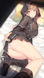 Rule 34 | 1girl, bad id, bad pixiv id, bed, belt, black footwear, black skirt, blush, boots, braid, breasts, brown belt, brown eyes, brown hair, buttons, capelet, closed mouth, ear blush, highres, hood, hood up, hooded capelet, kantai collection, large breasts, long hair, long sleeves, looking at viewer, lying, on side, pallad, panties, pillow, pleated skirt, shinshuu maru (kancolle), skirt, solo, twin braids, underwear, white panties
