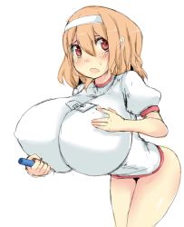 Rule 34 | 1girl, blonde hair, blush, breasts, brown eyes, female focus, hairband, hand on own chest, huge breasts, leaning forward, nira, open mouth, simple background, solo, standing, thighs, white background