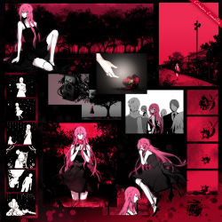 Rule 34 | arisaka ako, black background, black dress, blue eyes, crimson camellia (vocaloid), dress, faceless, faceless male, flower, formal, hair between eyes, highres, long hair, megurine luka, multiple views, old, old woman, outdoors, pink hair, plant, red background, rotational symmetry, sequential, shoes, sitting, song name, speaker, standing, suit, very long hair, vocaloid, wading
