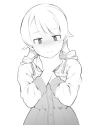 Rule 34 | 1girl, bad id, bad twitter id, blush, collarbone, dress, drill hair, greyscale, hand on own neck, hands on own neck, idolmaster, idolmaster cinderella girls, medium hair, monochrome, morikubo nono, nose blush, ringlets, simple background, sleeves rolled up, solo, sweatdrop, uccow, upper body